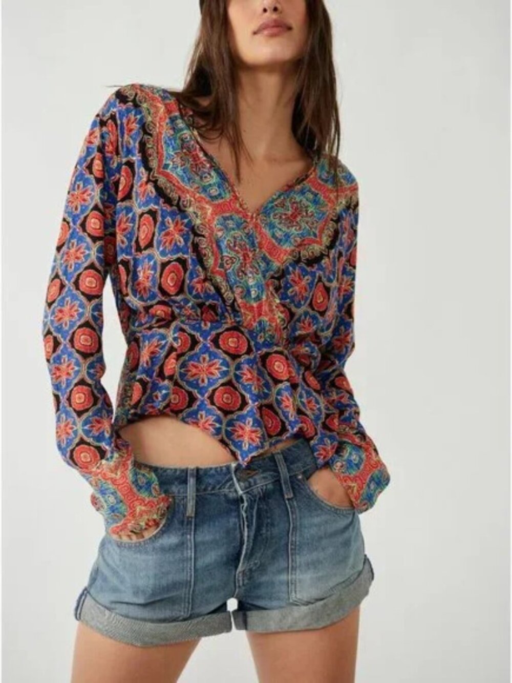Free People Falling For You Blue & Red Wrap Front Top- Size M Bohemian Peasant